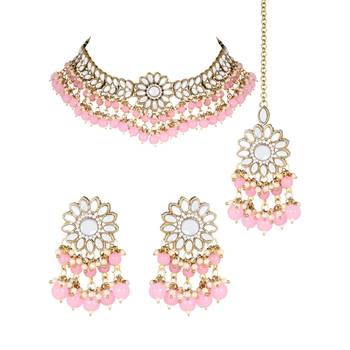 traditional kundan pink pearl hanging choker necklace jewellery set with earrings & maang tikka 2