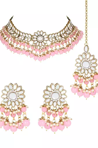 traditional kundan pink pearl hanging choker necklace jewellery set with earrings & maang tikka