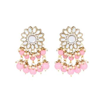 traditional kundan pink pearl hanging choker necklace jewellery set with earrings & maang tikka 3