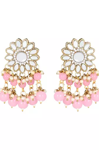 traditional kundan pink pearl hanging choker necklace jewellery set with earrings & maang tikka