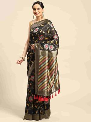 Silk Land  Black  Embroidered Cotton Blend Saree  1