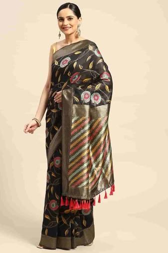 Silk Land  Black  Embroidered Cotton Blend Saree 