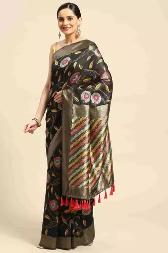 Silk Land  Black  Embroidered Cotton Blend Saree 