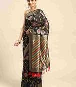 Silk Land  Black  Embroidered Cotton Blend Saree 