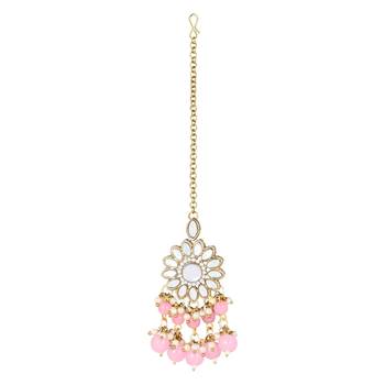 traditional kundan pink pearl hanging choker necklace jewellery set with earrings & maang tikka 4
