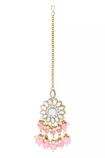 traditional kundan pink pearl hanging choker necklace jewellery set with earrings & maang tikka