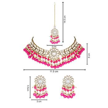 traditional kundan pearl hanging choker necklace jewellery set with earrings & maang tikka 5