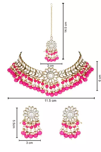 traditional kundan pearl hanging choker necklace jewellery set with earrings & maang tikka