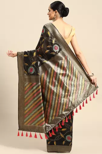 Silk Land  Black  Embroidered Cotton Blend Saree 