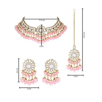 traditional kundan pink pearl hanging choker necklace jewellery set with earrings & maang tikka 5