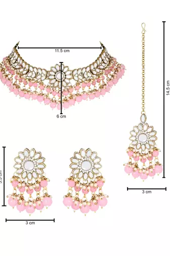 traditional kundan pink pearl hanging choker necklace jewellery set with earrings & maang tikka