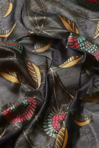 Silk Land  Black  Embroidered Cotton Blend Saree 