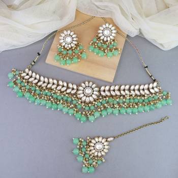traditional kundan mint pearl hanging choker necklace jewellery set with earrings & maang tikka 1