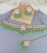 traditional kundan mint pearl hanging choker necklace jewellery set with earrings & maang tikka