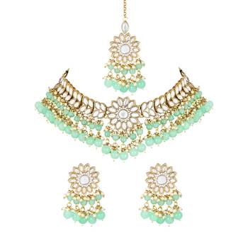 traditional kundan mint pearl hanging choker necklace jewellery set with earrings & maang tikka 2