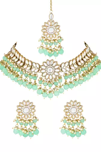 traditional kundan mint pearl hanging choker necklace jewellery set with earrings & maang tikka