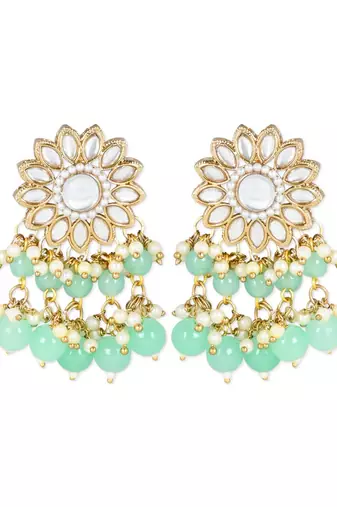 traditional kundan mint pearl hanging choker necklace jewellery set with earrings & maang tikka
