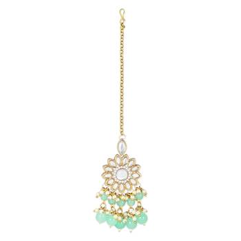 traditional kundan mint pearl hanging choker necklace jewellery set with earrings & maang tikka 4