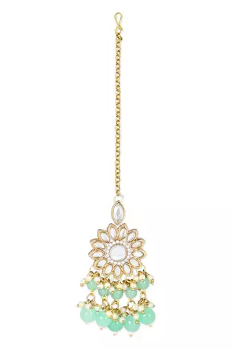 traditional kundan mint pearl hanging choker necklace jewellery set with earrings & maang tikka