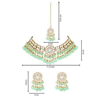traditional kundan mint pearl hanging choker necklace jewellery set with earrings & maang tikka 5