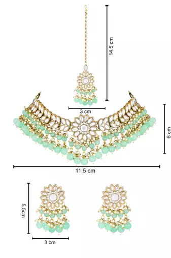 traditional kundan mint pearl hanging choker necklace jewellery set with earrings & maang tikka