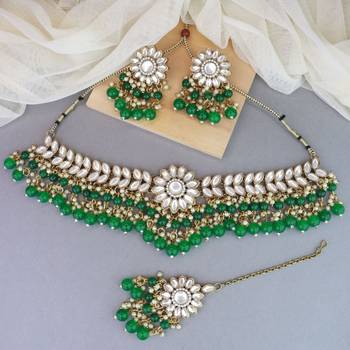 traditional kundan green pearl hanging choker necklace jewellery set with earrings & maang tikka 1