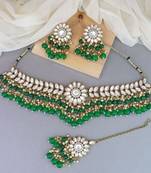 traditional kundan green pearl hanging choker necklace jewellery set with earrings & maang tikka