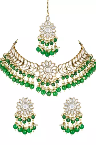 traditional kundan green pearl hanging choker necklace jewellery set with earrings & maang tikka