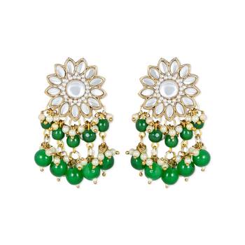 traditional kundan green pearl hanging choker necklace jewellery set with earrings & maang tikka 3