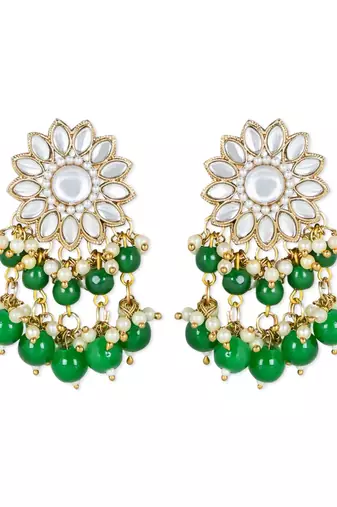 traditional kundan green pearl hanging choker necklace jewellery set with earrings & maang tikka