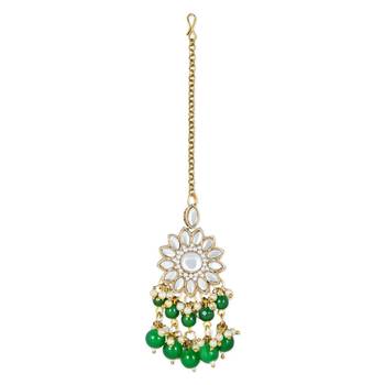 traditional kundan green pearl hanging choker necklace jewellery set with earrings & maang tikka 4