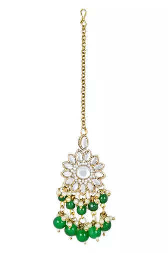 traditional kundan green pearl hanging choker necklace jewellery set with earrings & maang tikka