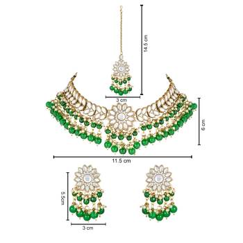 traditional kundan green pearl hanging choker necklace jewellery set with earrings & maang tikka 5