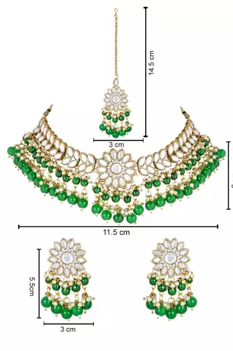 traditional kundan green pearl hanging choker necklace jewellery set with earrings & maang tikka