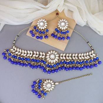 traditional kundan blue pearl hanging choker necklace jewellery set with earrings & maang tikka  1