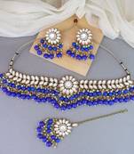 traditional kundan blue pearl hanging choker necklace jewellery set with earrings & maang tikka