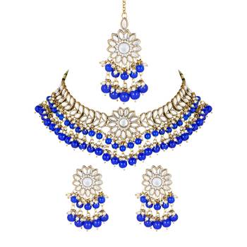 traditional kundan blue pearl hanging choker necklace jewellery set with earrings & maang tikka  2