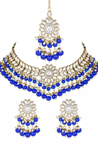 traditional kundan blue pearl hanging choker necklace jewellery set with earrings & maang tikka 