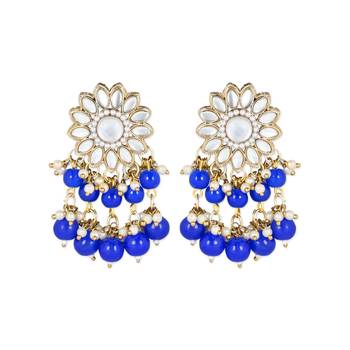 traditional kundan blue pearl hanging choker necklace jewellery set with earrings & maang tikka  3