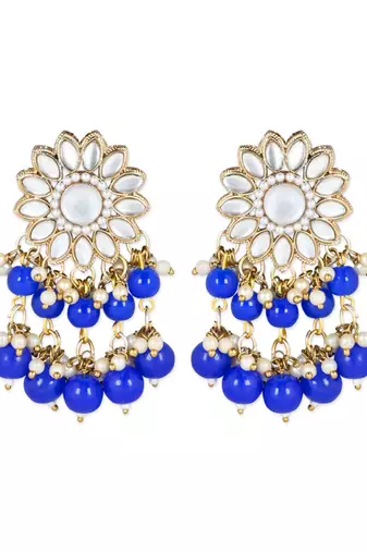 traditional kundan blue pearl hanging choker necklace jewellery set with earrings & maang tikka 