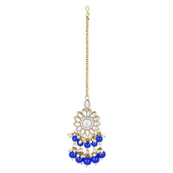 traditional kundan blue pearl hanging choker necklace jewellery set with earrings & maang tikka  4