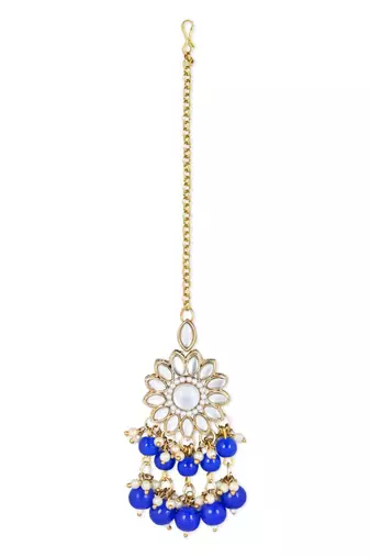 traditional kundan blue pearl hanging choker necklace jewellery set with earrings & maang tikka 