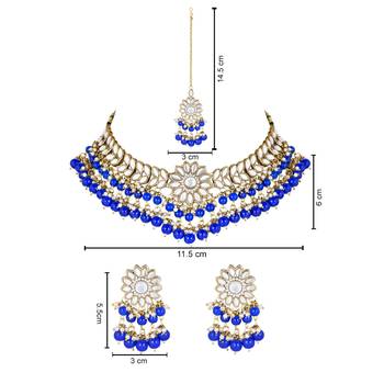 traditional kundan blue pearl hanging choker necklace jewellery set with earrings & maang tikka  5