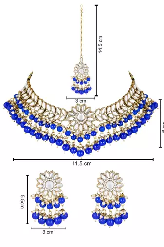 traditional kundan blue pearl hanging choker necklace jewellery set with earrings & maang tikka 