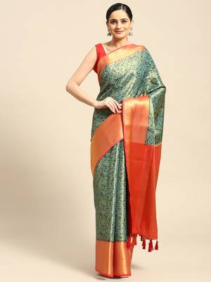 Silk Land  Teal  Printed Art Silk Saree  1