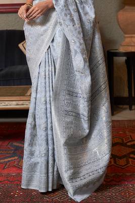 Blue Kashmiri Woven Cotton Silk Designer Saree With Blouse For Women  4