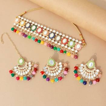 traditional handcrafted mirror and pearl work choker necklace set with  earrings & maang tikka 1