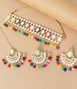 traditional handcrafted mirror and pearl work choker necklace set with  earrings & maang tikka