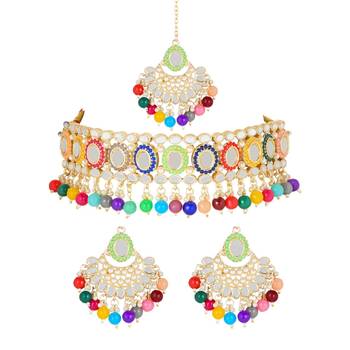 traditional handcrafted mirror and pearl work choker necklace set with  earrings & maang tikka 2