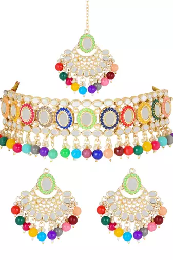 traditional handcrafted mirror and pearl work choker necklace set with  earrings & maang tikka